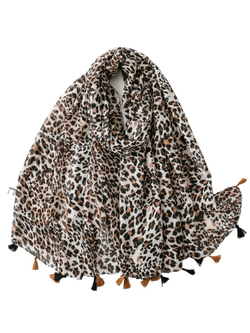 Classic leopard print scarf with fringe edges displayed flat