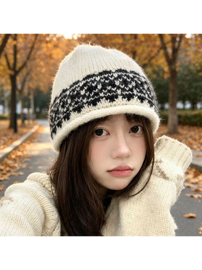 Haila - Fair Isle Border Rolled Brim Knit Beanie