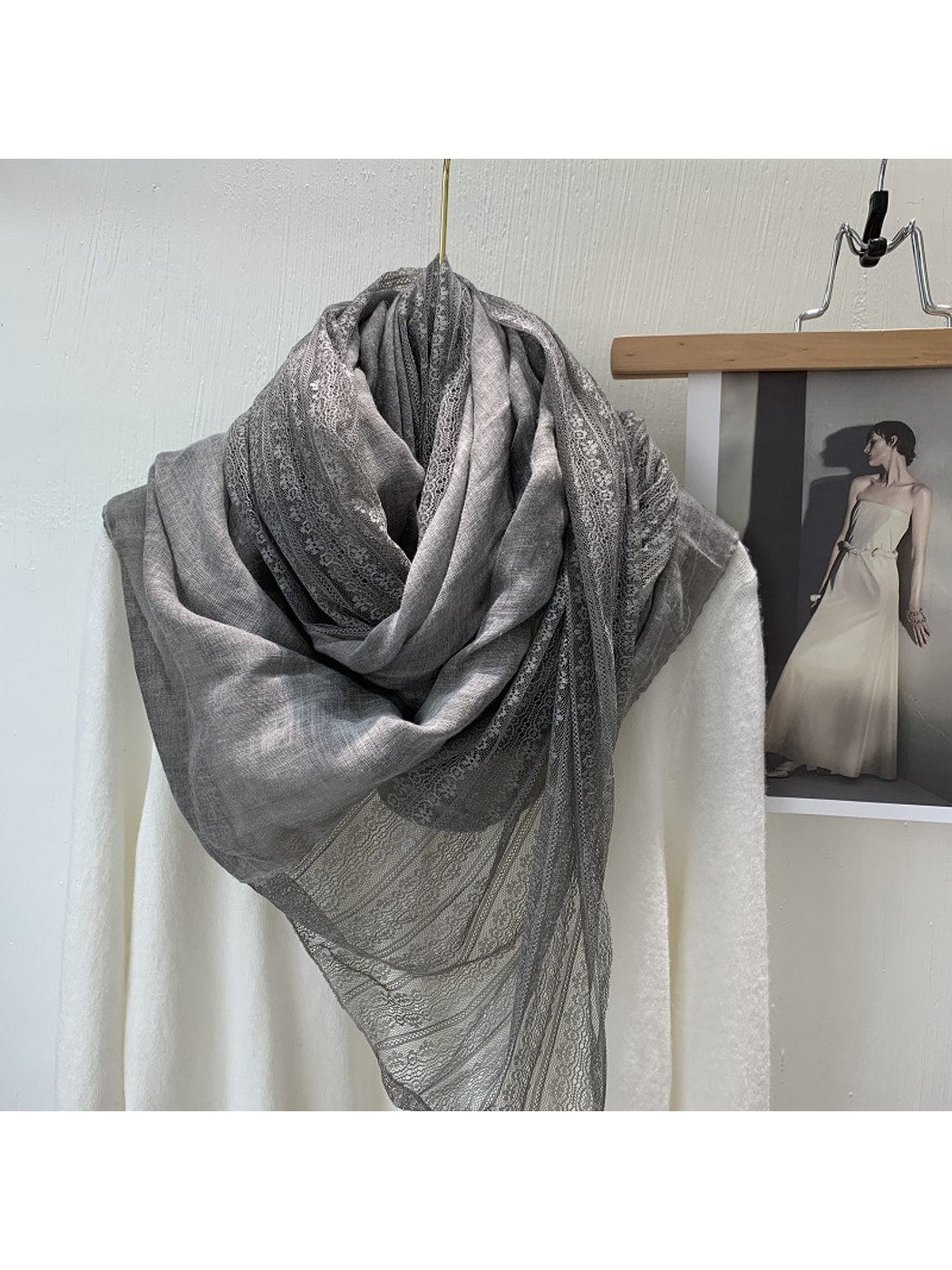 Scarvii - Lace Trim Solid Color Long Fashion Scarf