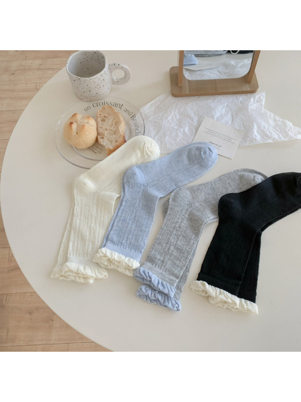 Rufia - Ruffled Cuff Hollow Out Mid Calf Socks