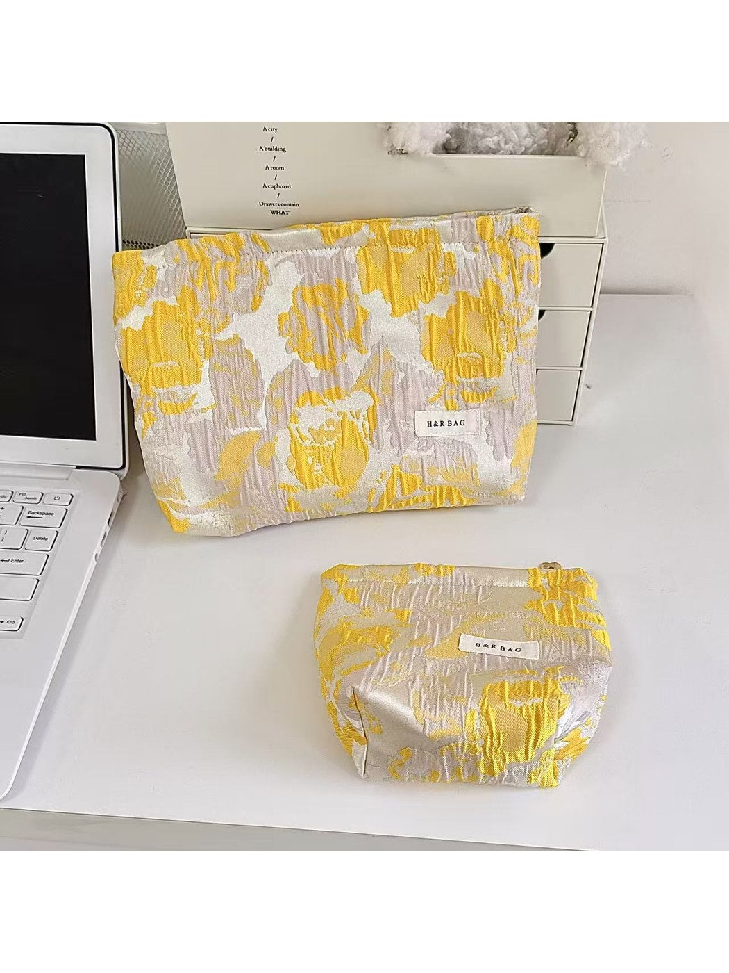 Cosbai - Yellow Floral Pleated Design Zip Pouch