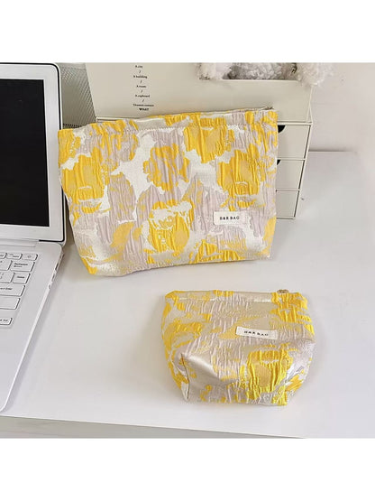Cosbai - Yellow Floral Pleated Design Zip Pouch