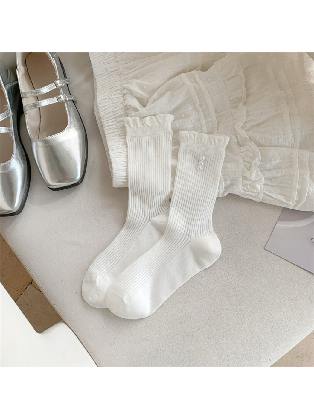 Rufia soft rib crew socks displayed flat showing full length and trim