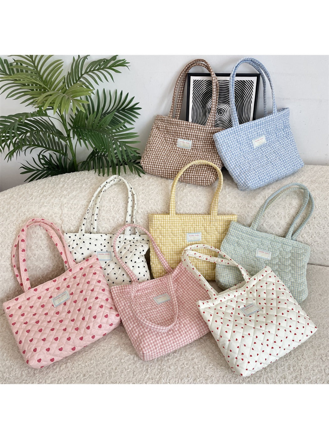 Cosbai - Tote Bag with Heart & Plaid Pattern