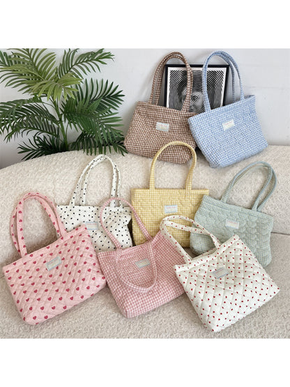 Cosbai - Tote Bag with Heart & Plaid Pattern
