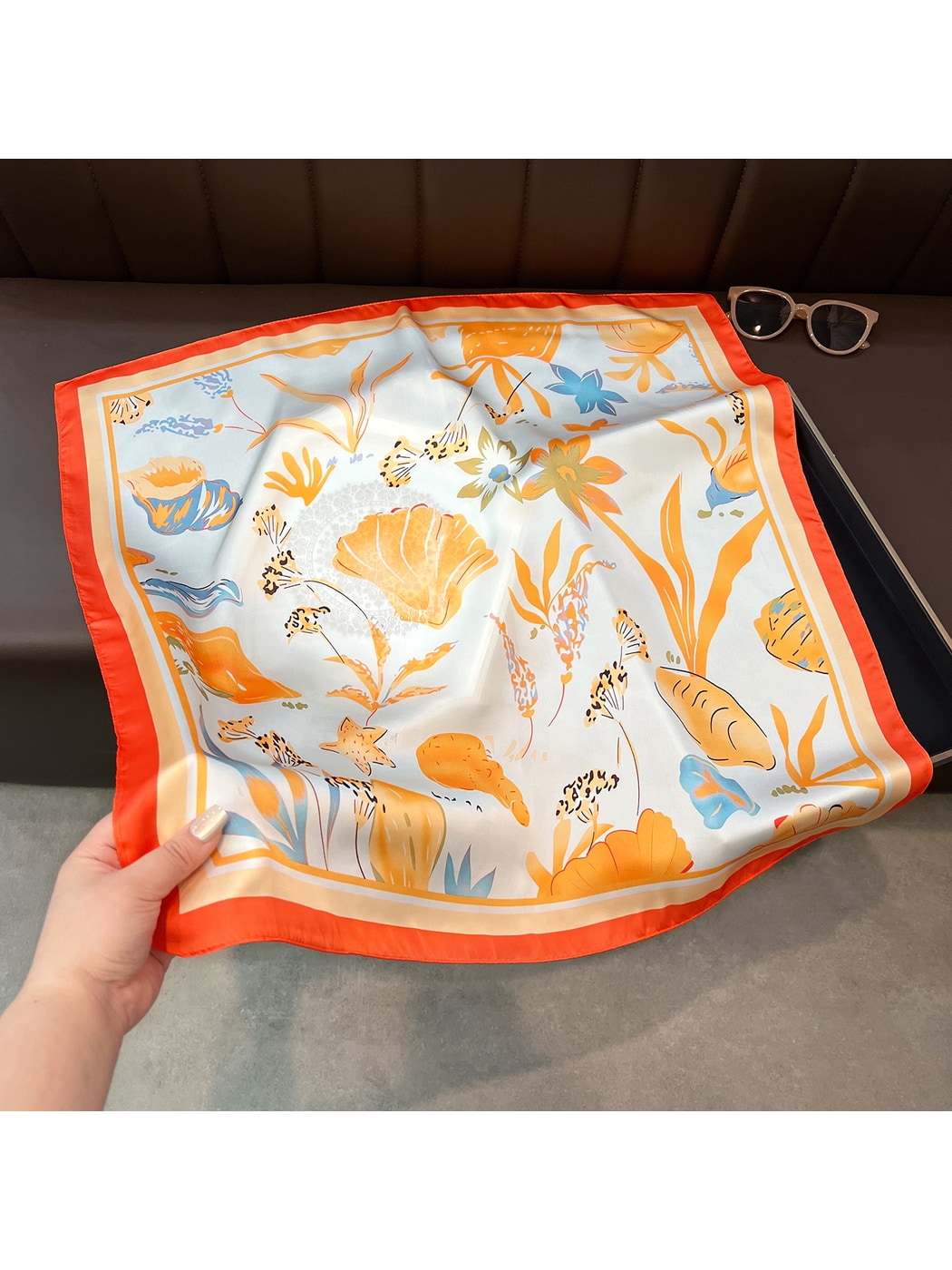 Scarvii - Printed Border Fashion Neck Square Scarf