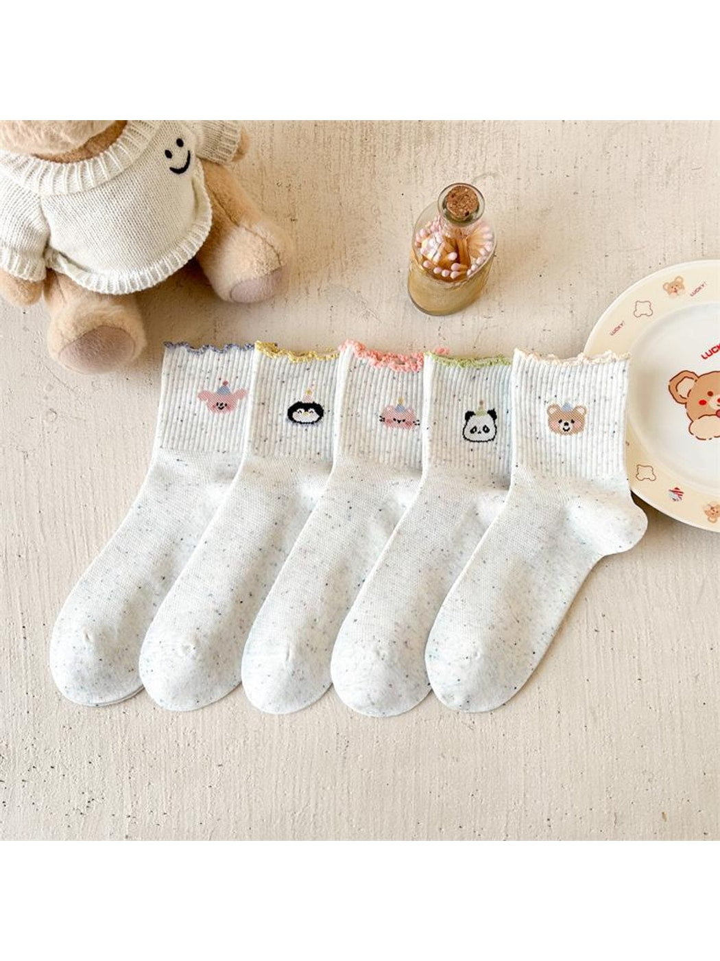 Rufia - Playful Animal Motif Ruffle Crew Socks