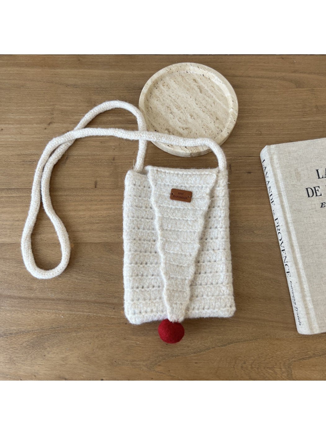 Cosbai - Pointed Flap Knit Crossbody Bag with Pom Pom