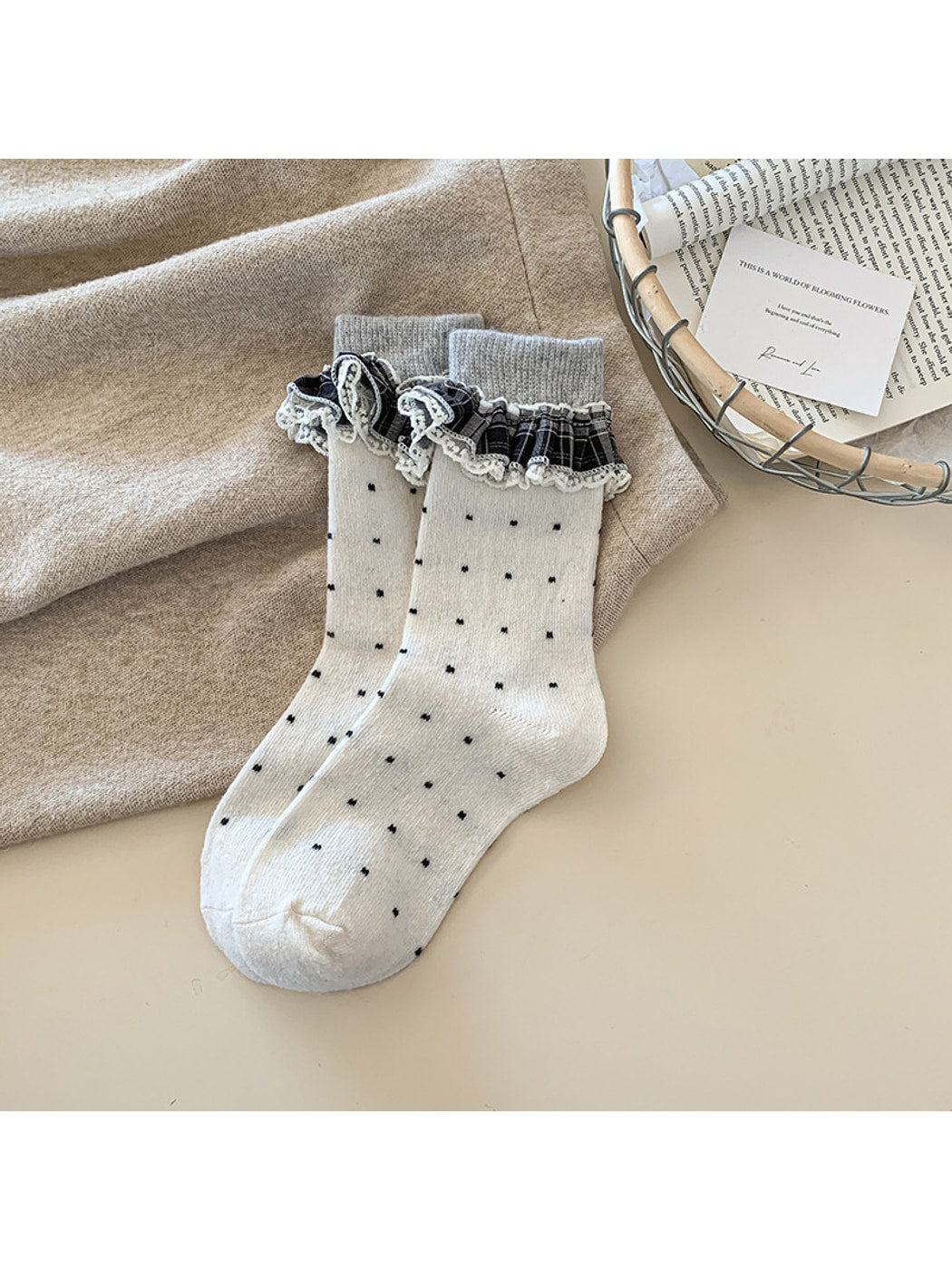 Rufia - Polka Dot Lace Ruffle Trim Crew Socks