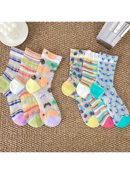 Rufia - Colorful Sheer Floral Stripe Crew Socks