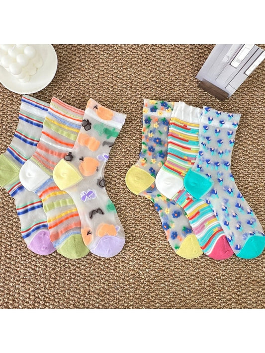Rufia - Colorful Sheer Floral Stripe Crew Socks
