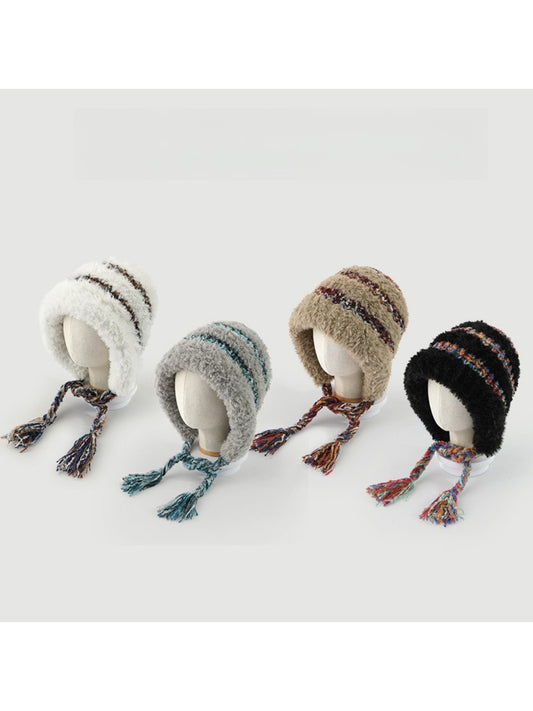 Haila - Plush & Heavyweight Color-Block Earflap Beanie with Tassels