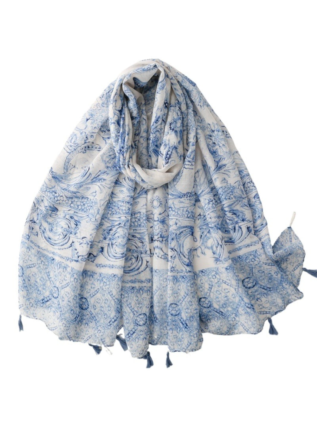 Blue baroque patterned scarf with tassels displayed flat