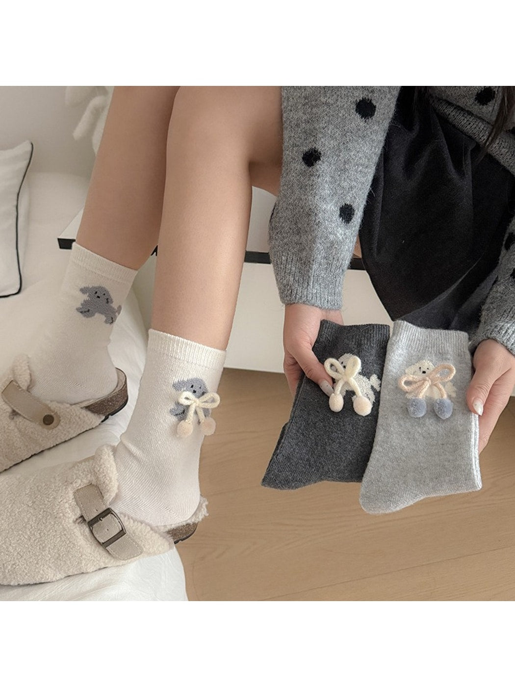 Rufia - Playful Puppy Pattern Plush Bow Crew Socks