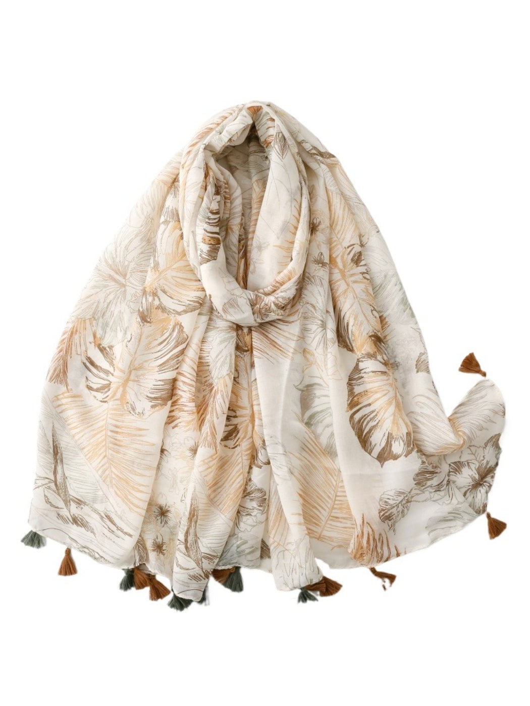 Close-up of Scarvii scarf fabric with colorful tropical floral pattern and tassel edges