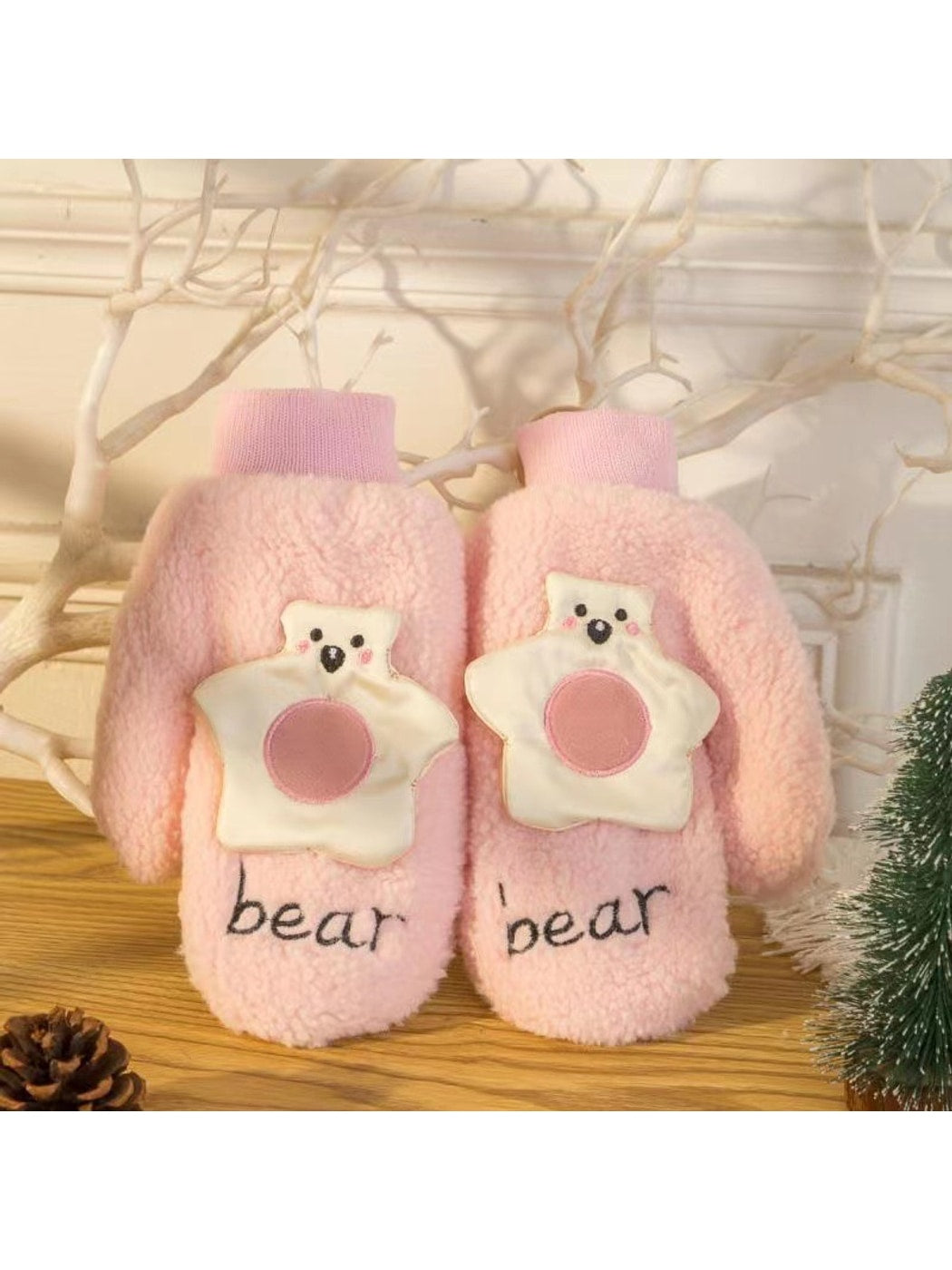 Gloving - Cartoon Bear Applique Plush Winter Mittens