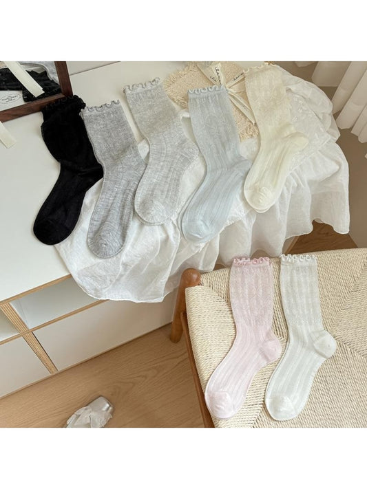 Rufia - Ruffle Trim Ribbed Solid Color Crew Socks
