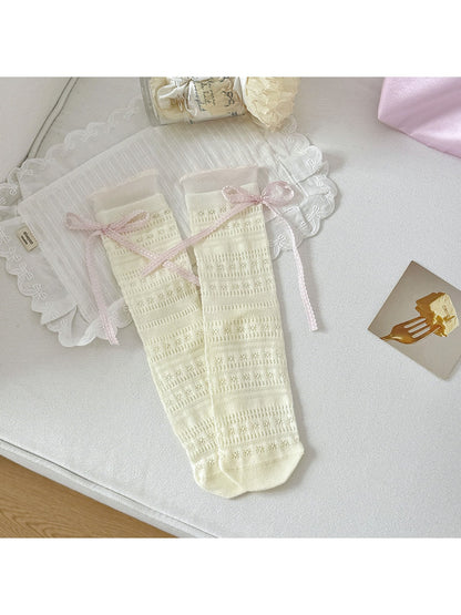 Rufia - Sweet Bow Lace Trim Solid Color Crew Socks