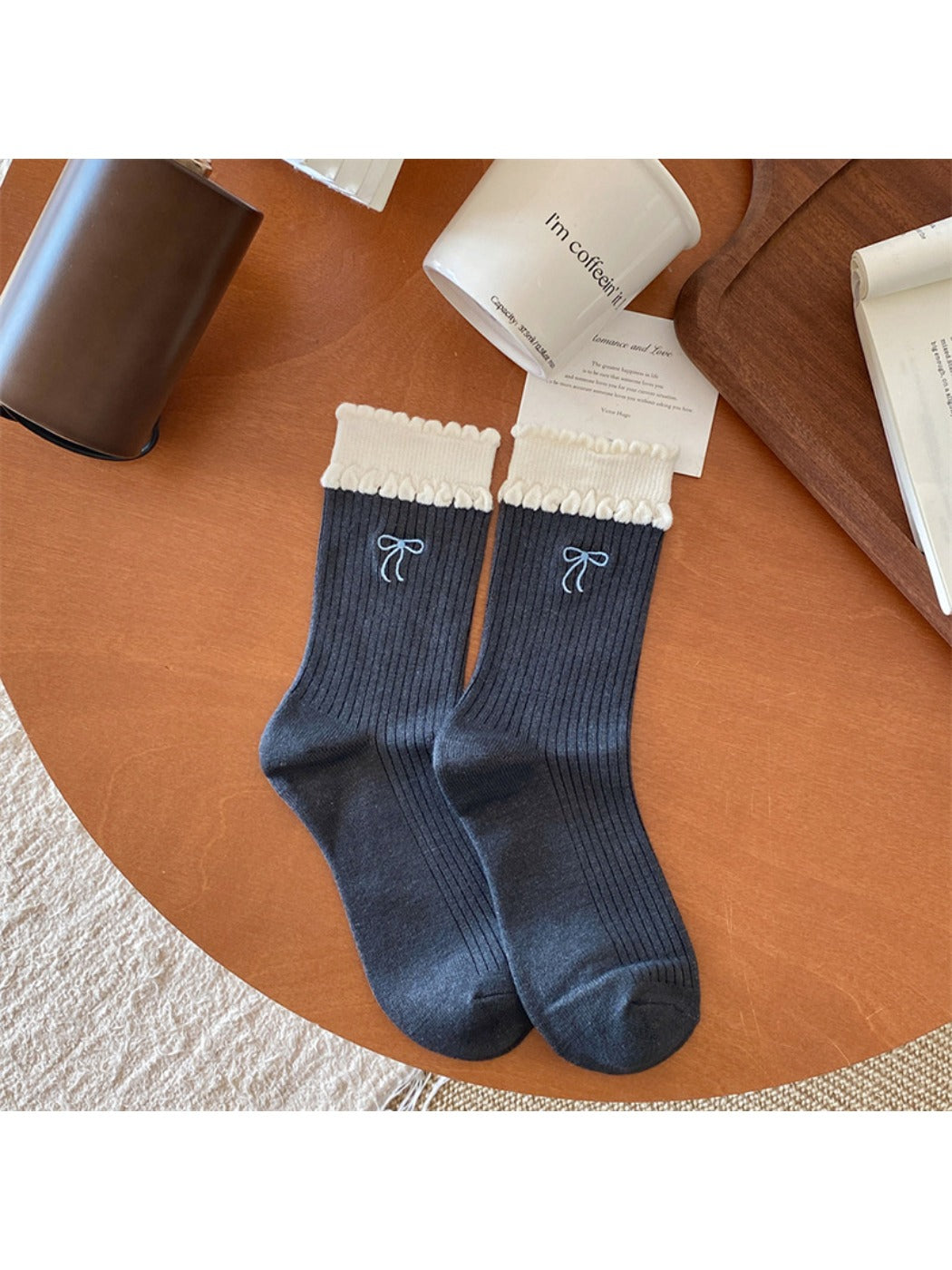 Rufia - Winter Mid-Calf Socks with Bow & Heart Print