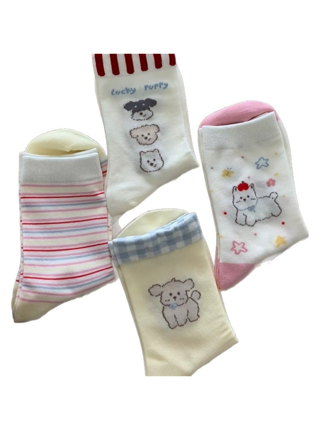 Rufia Dog Pastel Mid-Calf Socks worn on feet showing mid-calf length