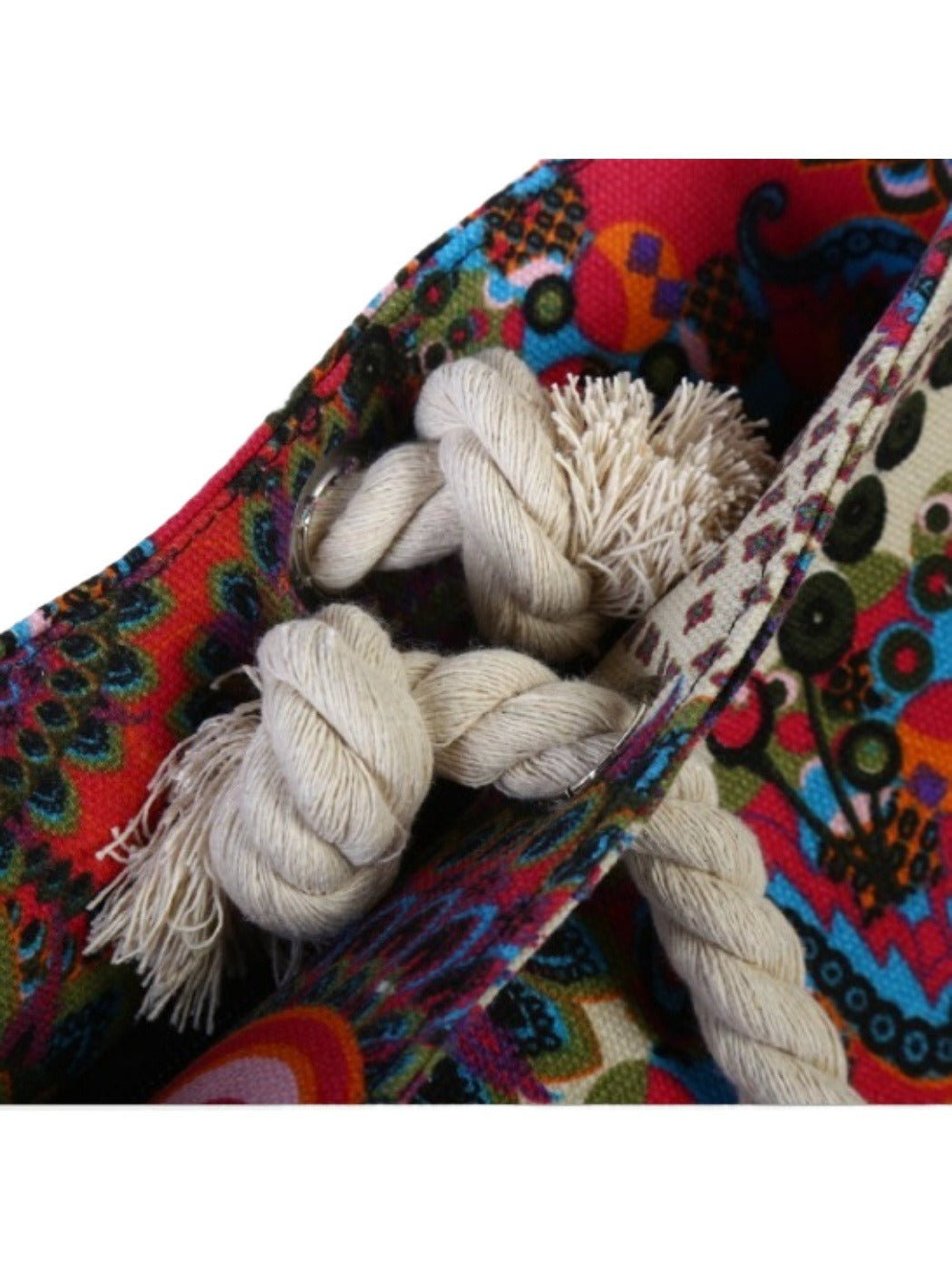Close-up of rope handles attached to the large beige beach tote