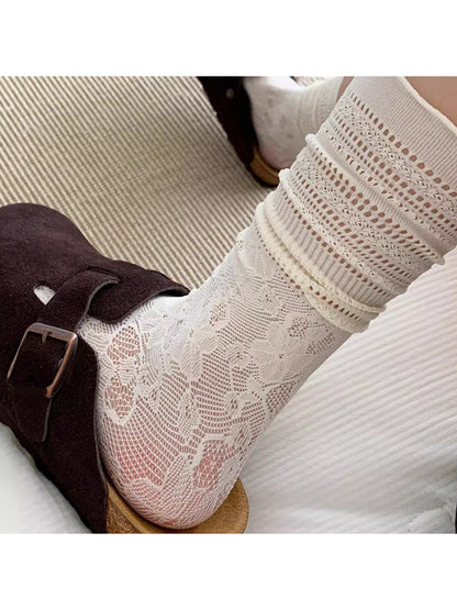 Rufia - Ruffle Cuff Solid Color Lace Crew Socks