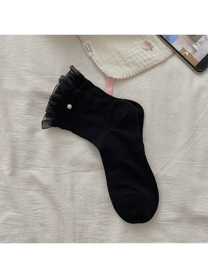 Side view of Rufia sheer crew socks showing ruffle trim and fabric texture
