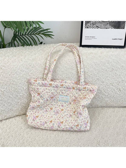 Cosbai - Floral Quilted Tote Bag with Cartoon Pattern
