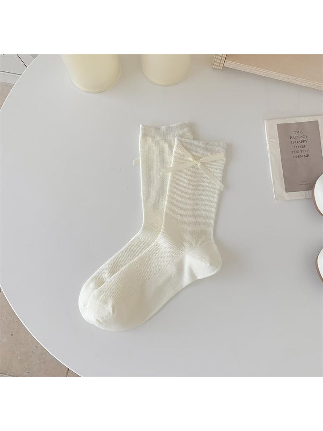 Rufia - White Bow Accent Openwork Crew Socks