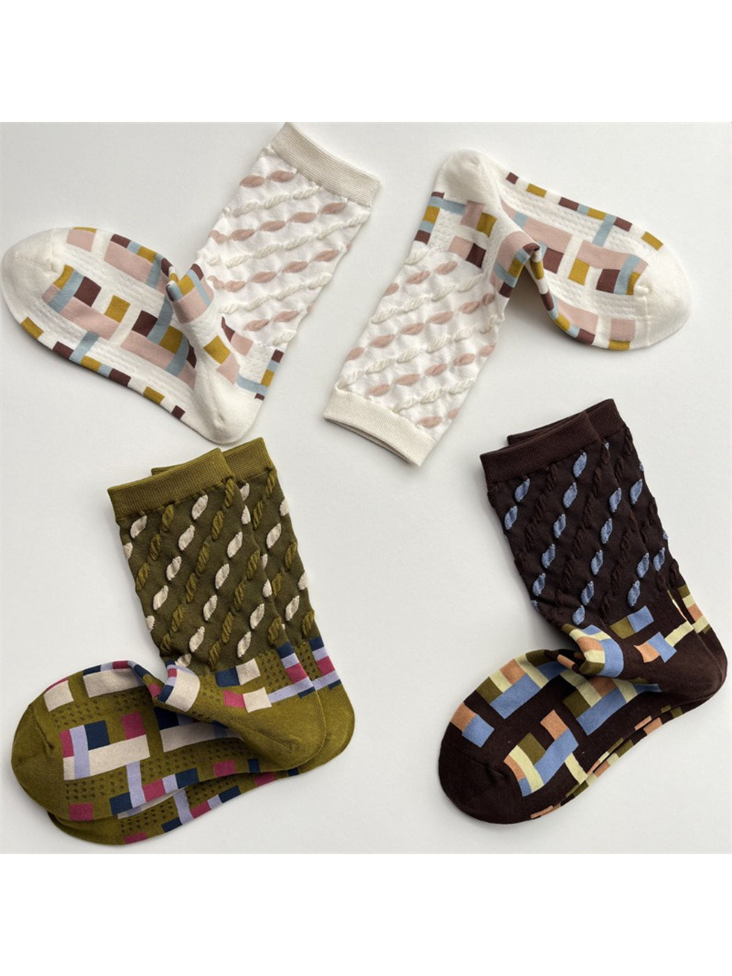 Rufia - Color Block Mid-Calf Socks – Check & Dots