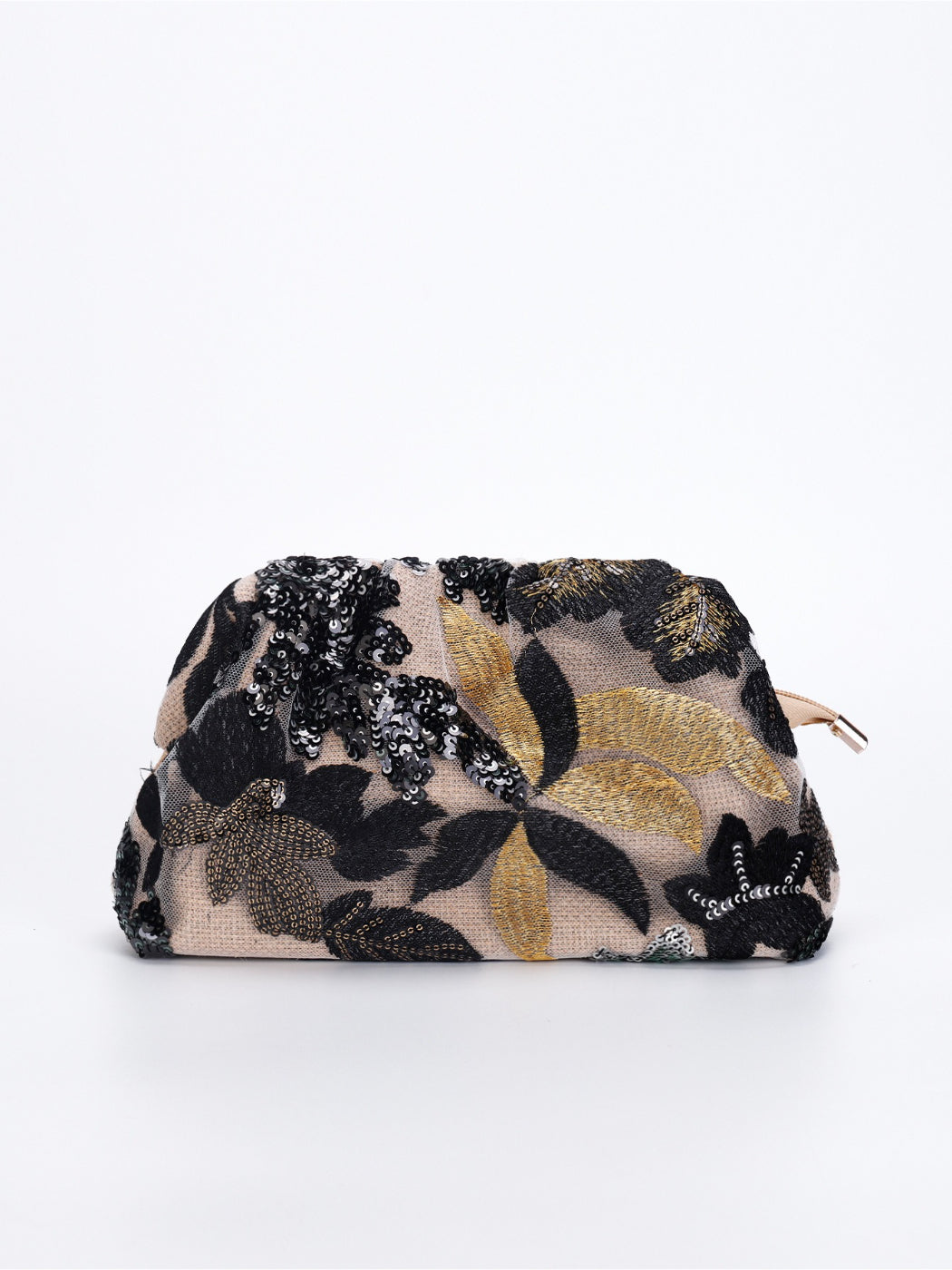 Back view of Cosbai floral sequin evening clutch bag showing smooth black fabric and stitching