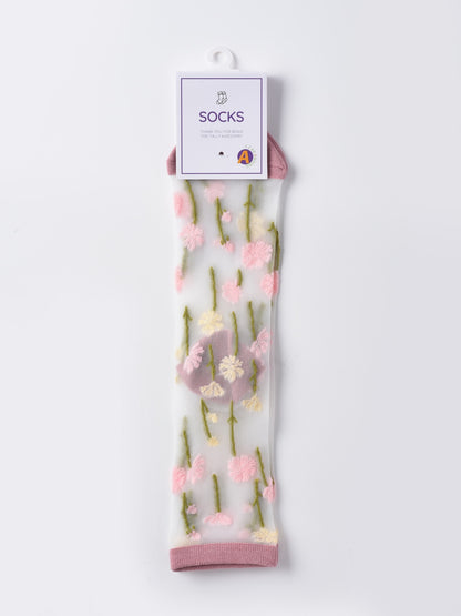 Rufia - Sheer Garden Flower Embroidered Crew Socks