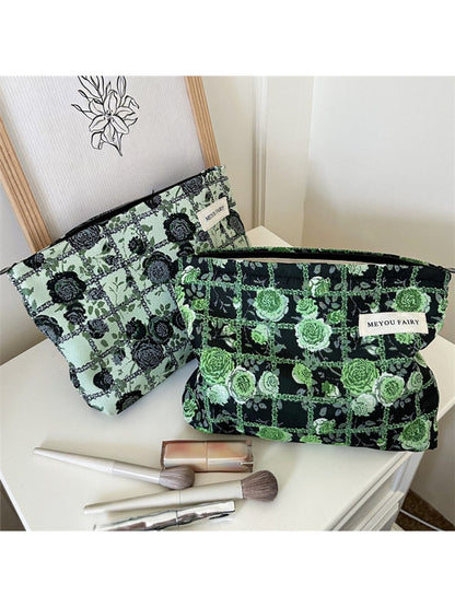 Cosbai - Floral and Grid Pattern Zip Pouch