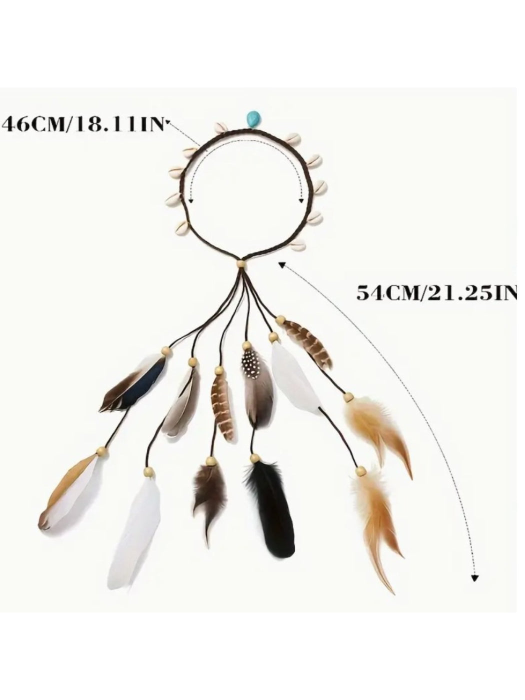 Close-up of boho shell feather tassel hair headpiece showing detailed shells and hanging tassels