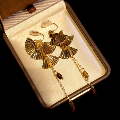Earwish - Golden Fan & Bead Earrings - Classic & Chic