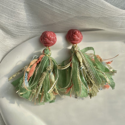 Earwish - Rose And Green Tassel Earrings - Vintage & Elegant
