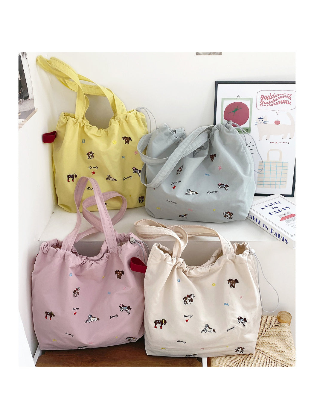 Cosbai cute shoulder bag with horse print and drawstring closure on white background