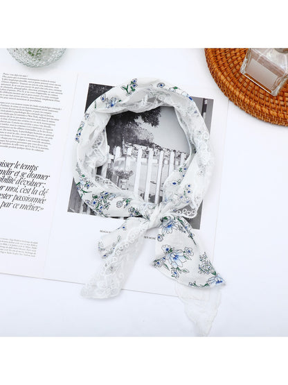 Scarvii - Floral Print Lace Trim Narrow Scarf