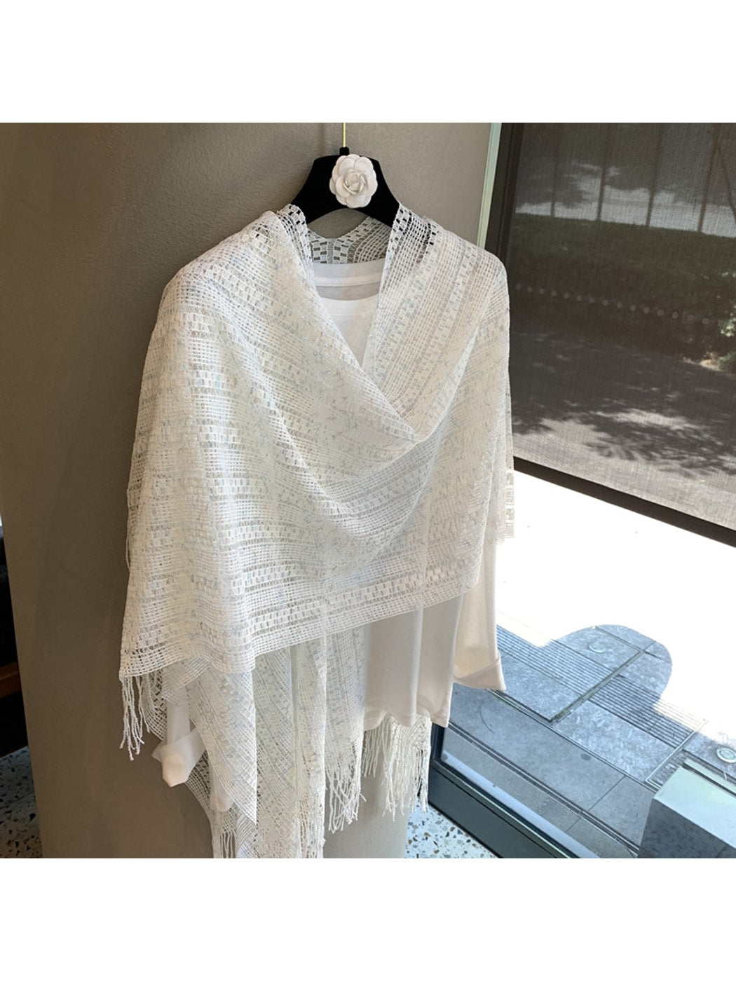 Scarvii - White Openwork Fringe Shawl Scarf
