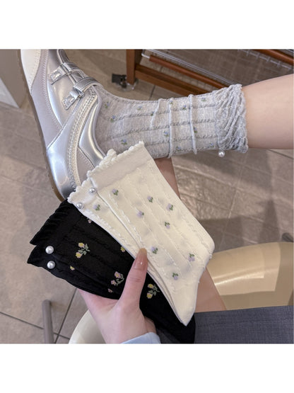 Rufia - Floral Ruffle Trim Bead Decoration Crew Socks