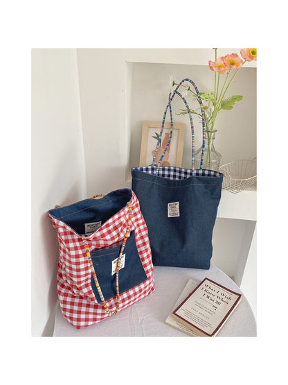 Cosbai – Vintage Denim & Plaid Reversible Tote Bag