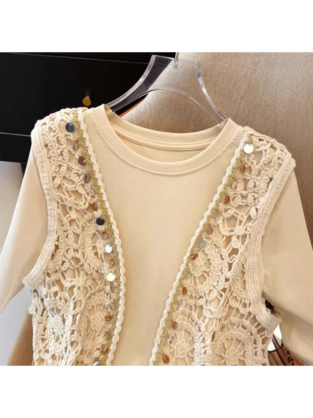 Crosa - Open Front Sequin Hollow Out Knit Fringe Vest