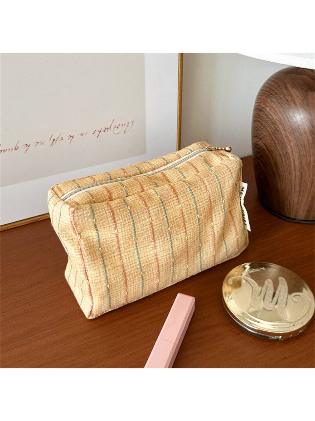 Cosbai pastel plaid cosmetic bag displayed on flat surface highlighting shape