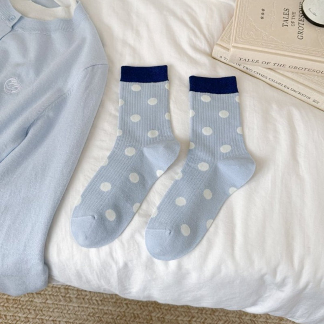 Side angle of Rufia Dot Color Block Contrast mid-calf socks showing length and design