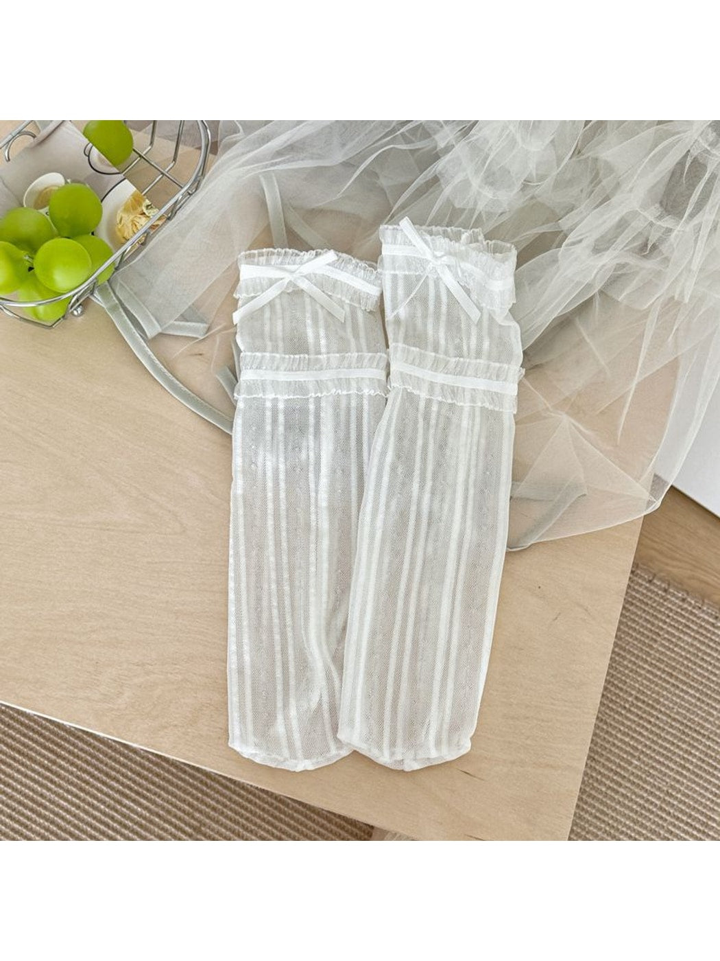 Rufia - Sweet Lace Trim Detail Ribbed Sheer Crew Socks