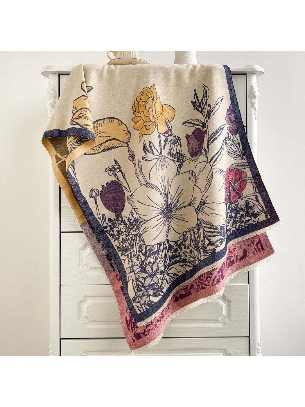Scarvii - Contrast-Border Botanical Fringed Shawl