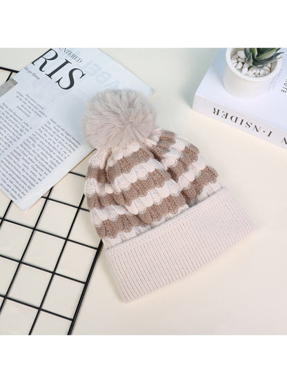 Haila - Women's Striped Fleece Lined Beanie with Pom