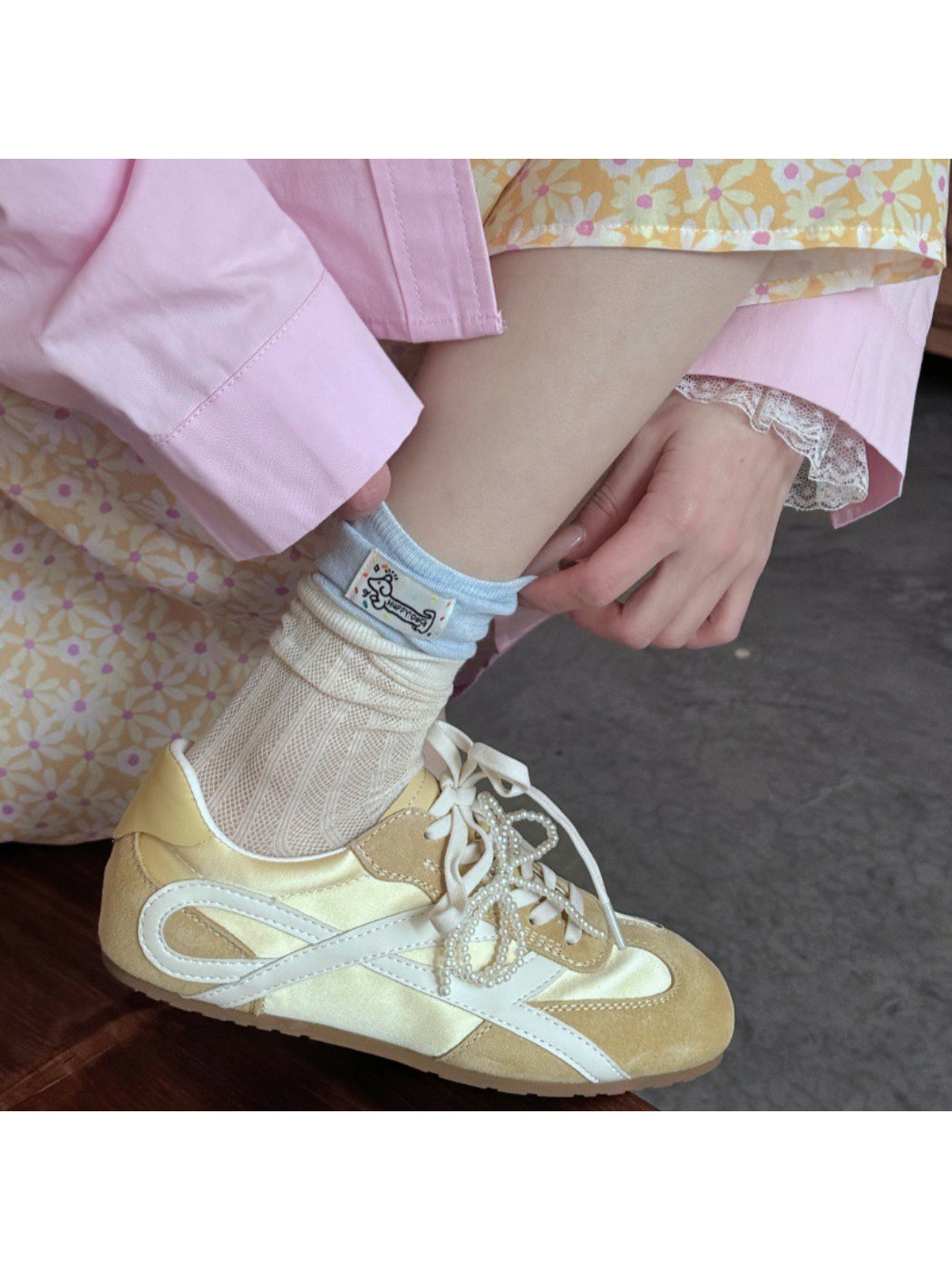 Rufia - Cartoon Dog Tag Mesh Color Block Double Cuff Socks