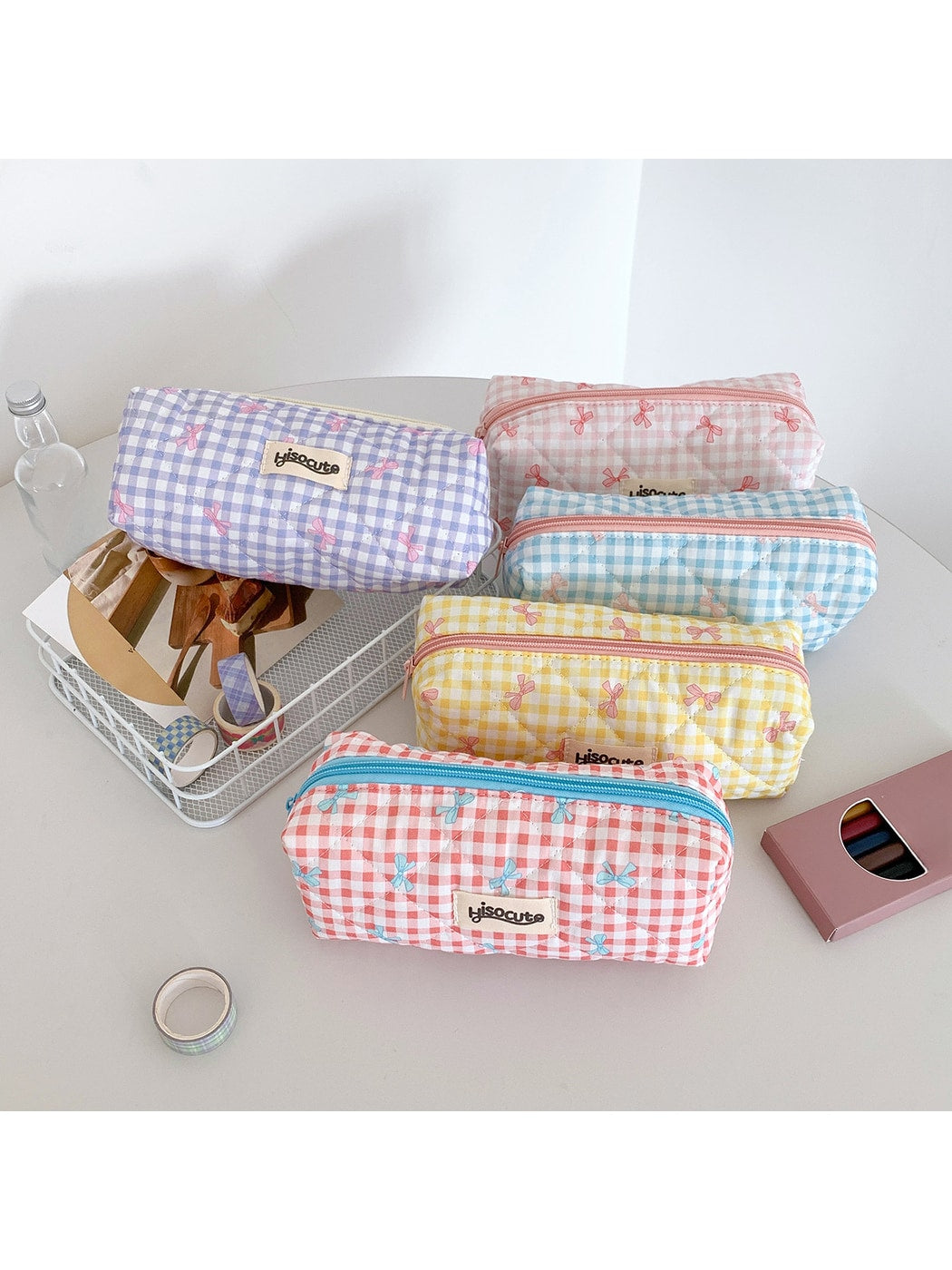 Cosbai - Plaid Bow Print Zipper Makeup Pouch Bag