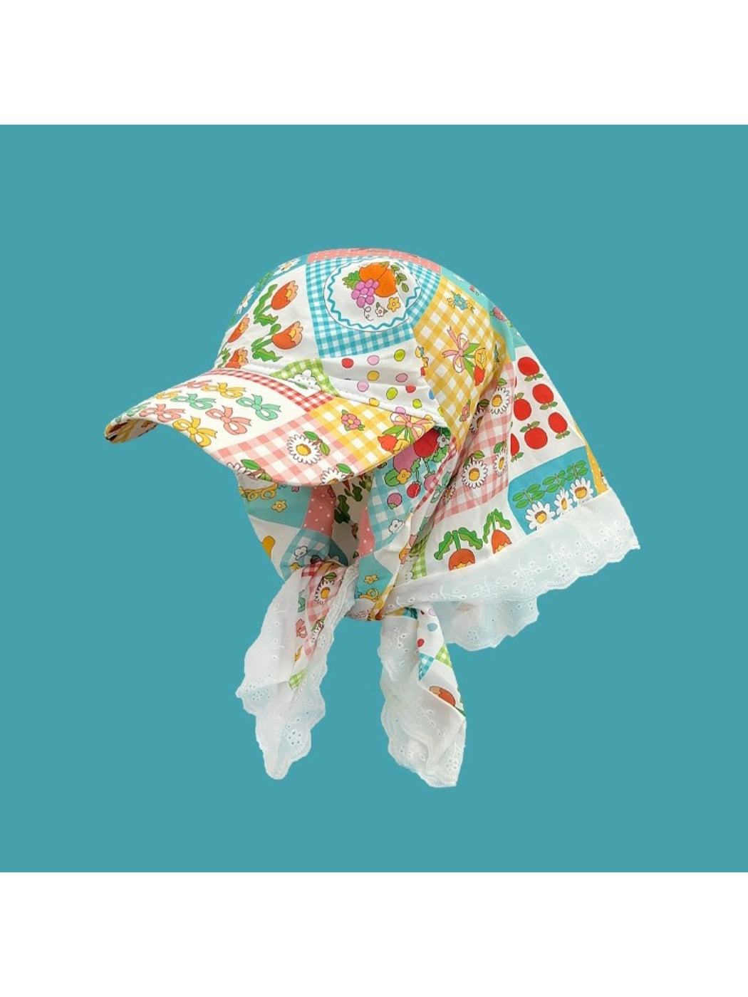 Haila patchwork lace sun hat with wide brim and tie detail in neutral tones